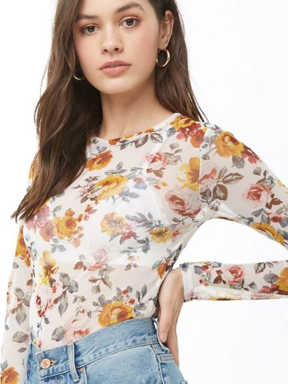 Forever 21 Sheer Floral Long-Sleeve Top in Cream, Yellow & Pink